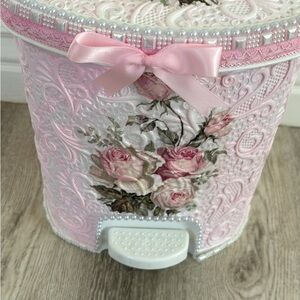 “Beautifully decorative shabby chic pink garbage can decoupaged with Roses